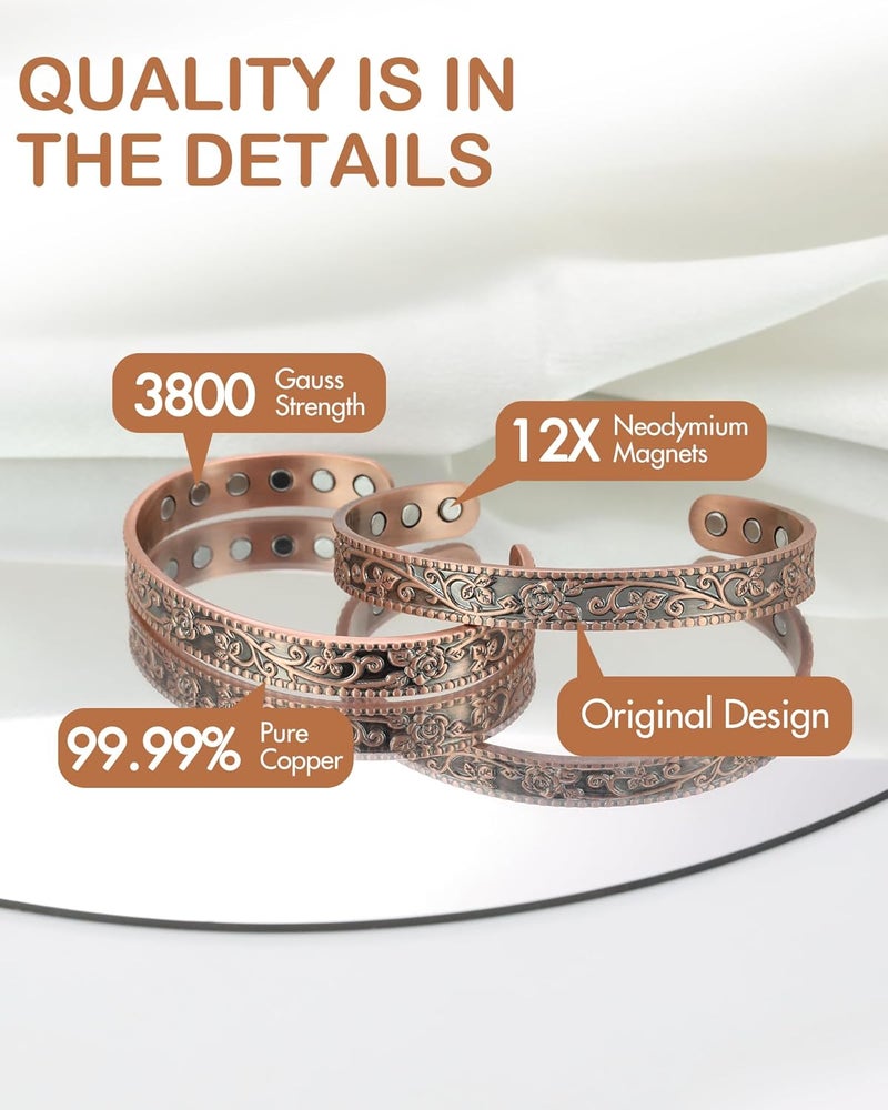 Feraco Pure Copper Bracelets for Women, 12X Enhanced Strength Magnetic Cuff Bangle for Women, 3800 Gauss Neodymium Magnets, Adjustable (Rosevine) - Image 2